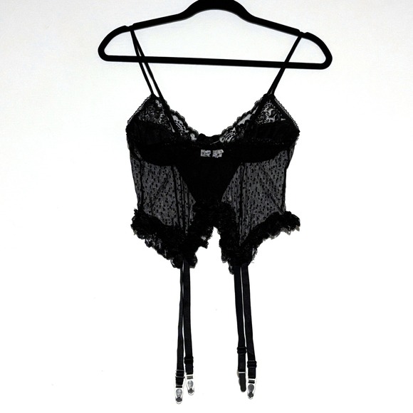 VTG Secret Treasures Black Lace Trim Polka Dot Mesh Teddy Lingerie Sm Garter Y2K - Picture 3 of 7